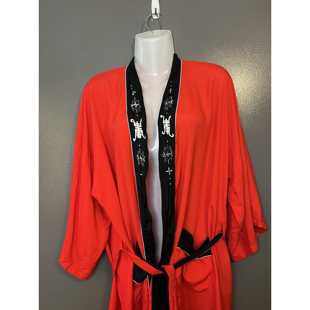 Plum Blossoms Robe Mens Large Red Kimono Belted Embroidered Contrast Trim